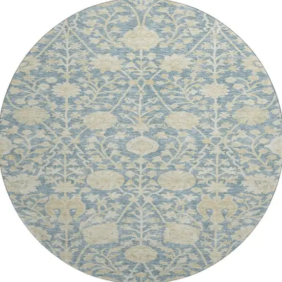8' Sky Blue And Ivory Floral Washable Round Rug With UV Protection Photo 3