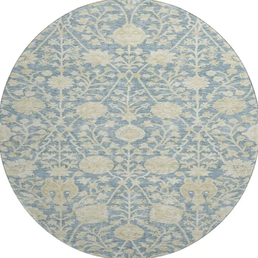 8' Sky Blue And Ivory Floral Washable Round Rug With UV Protection Photo 3