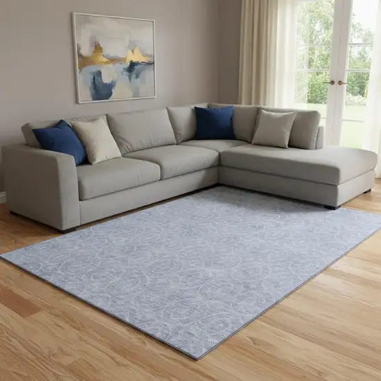 8' Sky Blue And Ivory Geometric Washable Area Rug With UV Protection Photo 2