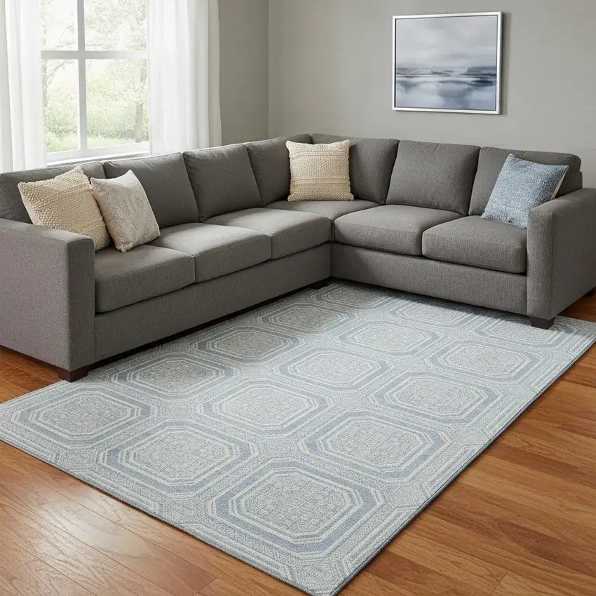 8' Sky Blue And Ivory Geometric Washable Area Rug With UV Protection Photo 2