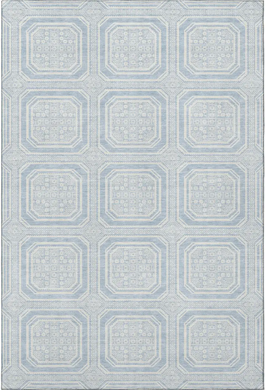 8' Sky Blue And Ivory Geometric Washable Area Rug With UV Protection Photo 2