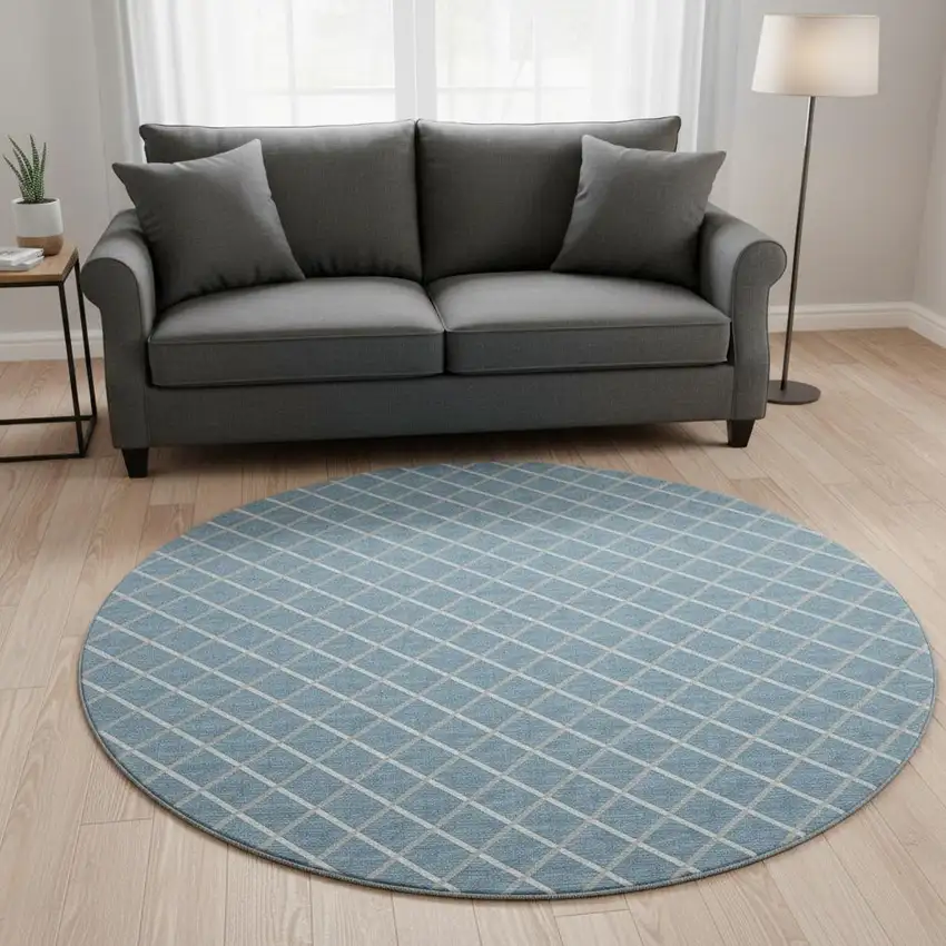 8' Sky Blue And Ivory Geometric Washable Round Rug With UV Protection Photo 1