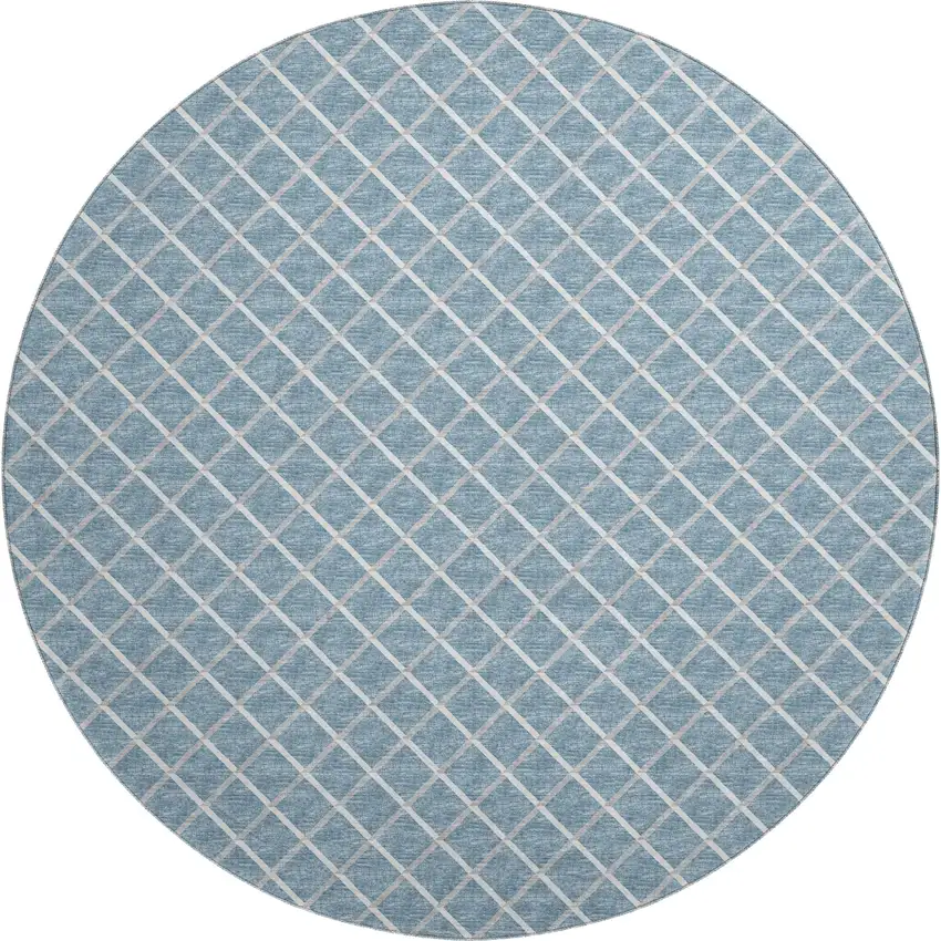8' Sky Blue And Ivory Geometric Washable Round Rug With UV Protection Photo 2