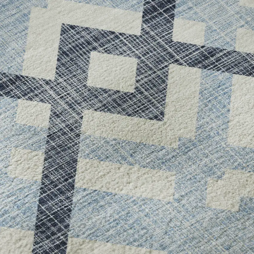 8' Sky Blue And Ivory Geometric Washable Round Rug With UV Protection Photo 9