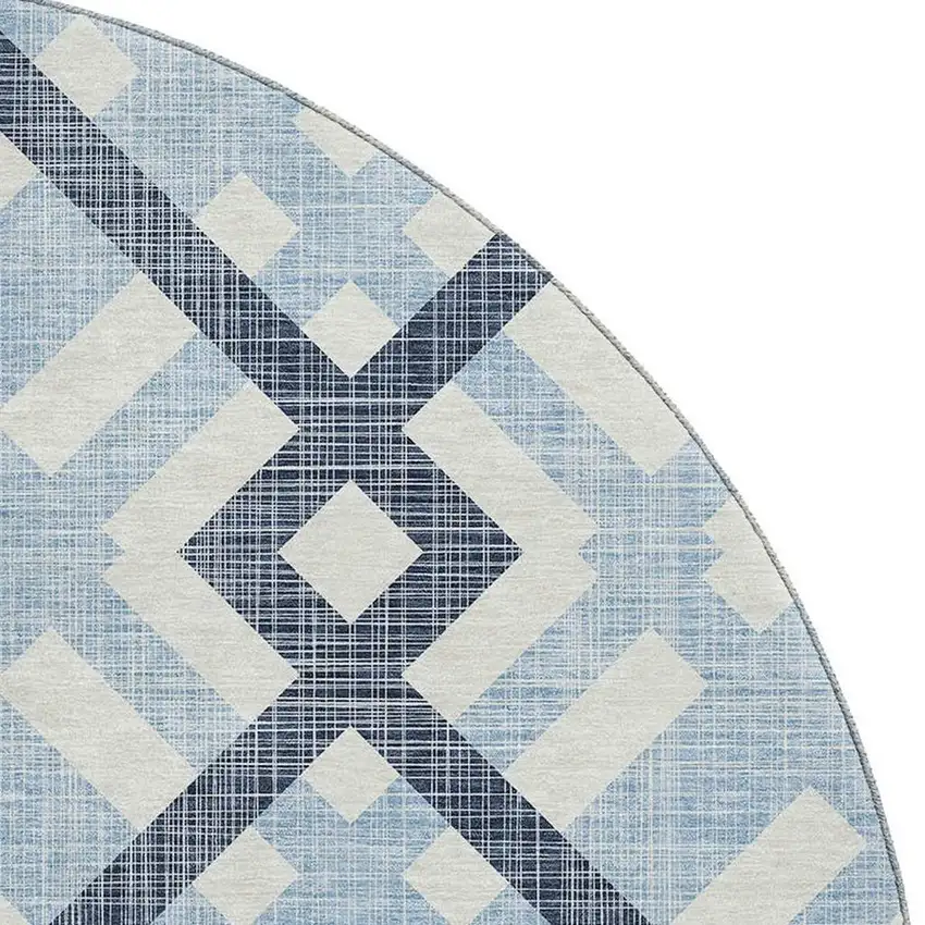8' Sky Blue And Ivory Geometric Washable Round Rug With UV Protection Photo 4