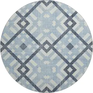 Photo of 8' Sky Blue And Ivory Geometric Washable Round Rug With UV Protection