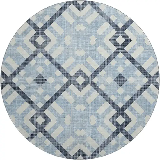 8' Sky Blue And Ivory Geometric Washable Round Rug With UV Protection Photo 1