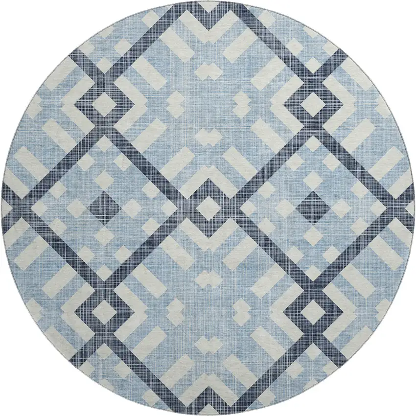 8' Sky Blue And Ivory Geometric Washable Round Rug With UV Protection Photo 1