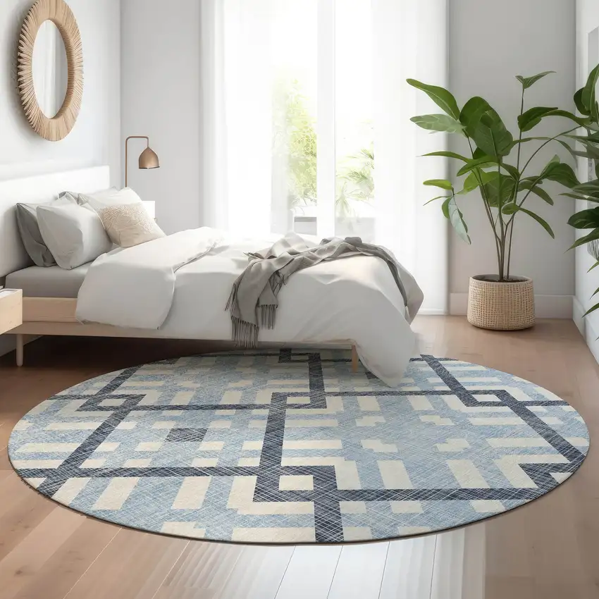 8' Sky Blue And Ivory Geometric Washable Round Rug With UV Protection Photo 5