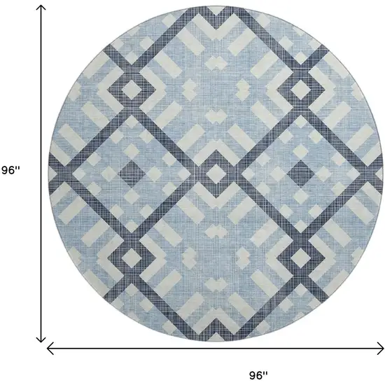 8' Sky Blue And Ivory Geometric Washable Round Rug With UV Protection Photo 3