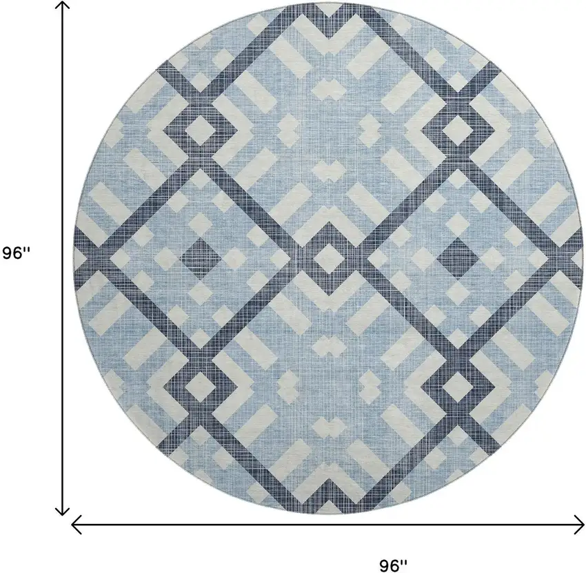 8' Sky Blue And Ivory Geometric Washable Round Rug With UV Protection Photo 3