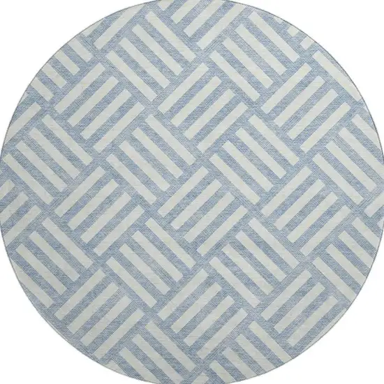 8' Sky Blue And Ivory Geometric Washable Round Rug With UV Protection Photo 4