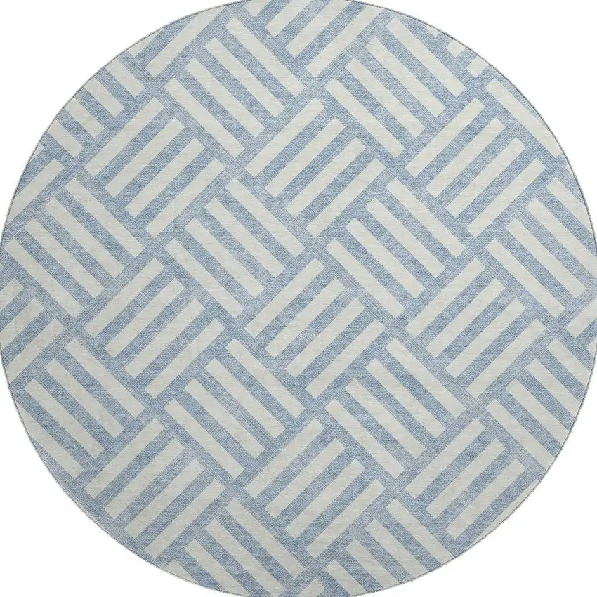 8' Sky Blue And Ivory Geometric Washable Round Rug With UV Protection Photo 4