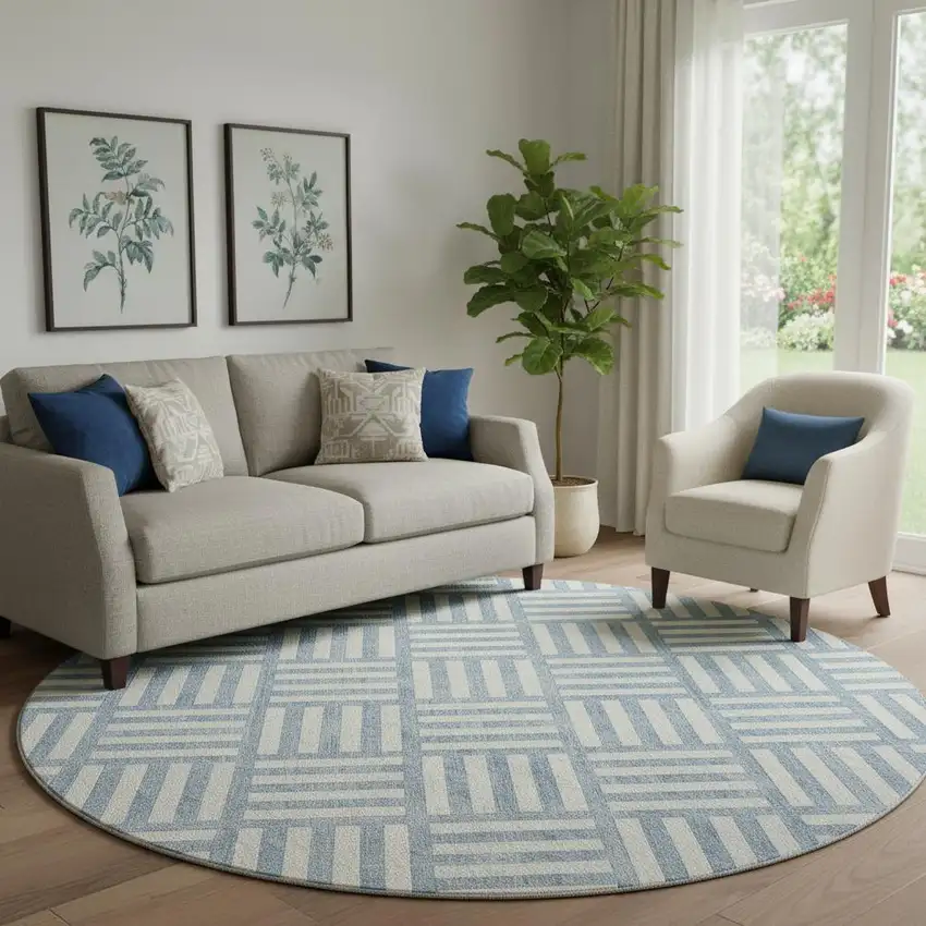 8' Sky Blue And Ivory Geometric Washable Round Rug With UV Protection Photo 1