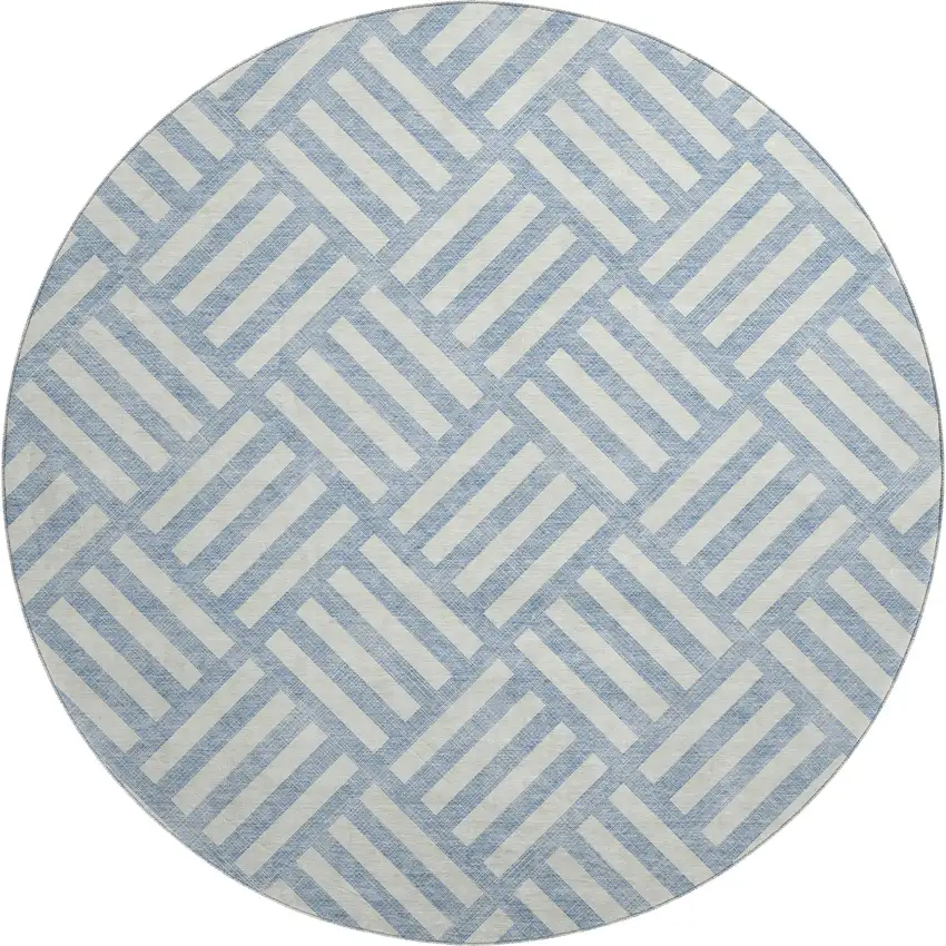 8' Sky Blue And Ivory Geometric Washable Round Rug With UV Protection Photo 1