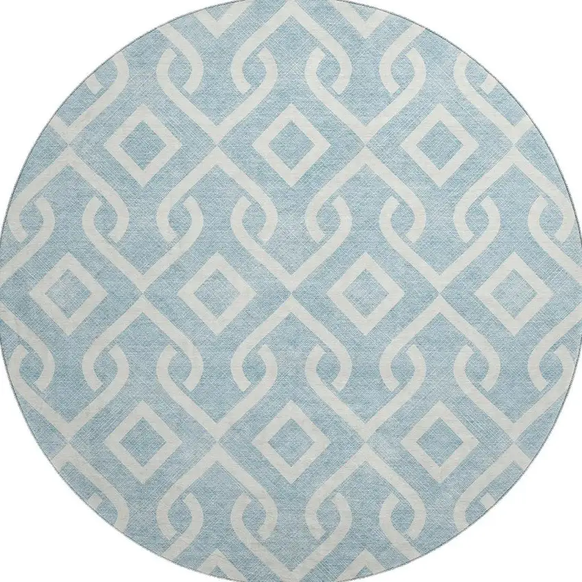 8' Sky Blue And Ivory Geometric Washable Round Rug With UV Protection Photo 3