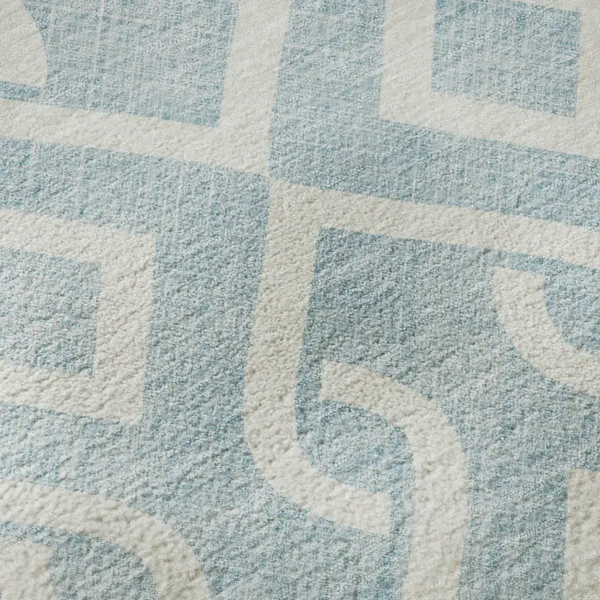 8' Sky Blue And Ivory Geometric Washable Round Rug With UV Protection Photo 9