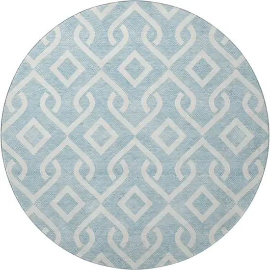 8' Sky Blue And Ivory Geometric Washable Round Rug With UV Protection Photo 4
