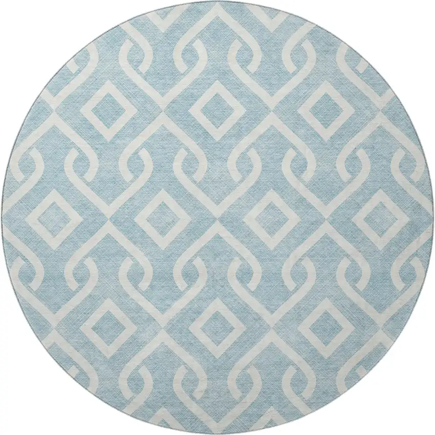 8' Sky Blue And Ivory Geometric Washable Round Rug With UV Protection Photo 4