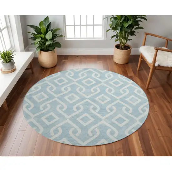 8' Sky Blue And Ivory Geometric Washable Round Rug With UV Protection Photo 2