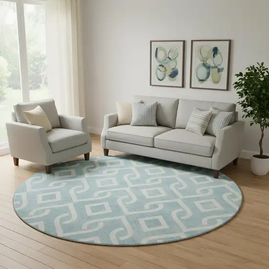 8' Sky Blue And Ivory Geometric Washable Round Rug With UV Protection Photo 1