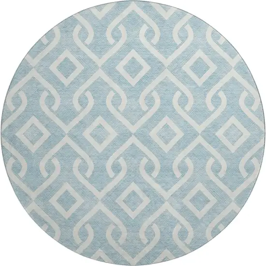 8' Sky Blue And Ivory Geometric Washable Round Rug With UV Protection Photo 1