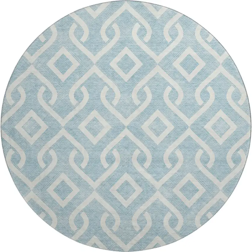 8' Sky Blue And Ivory Geometric Washable Round Rug With UV Protection Photo 1