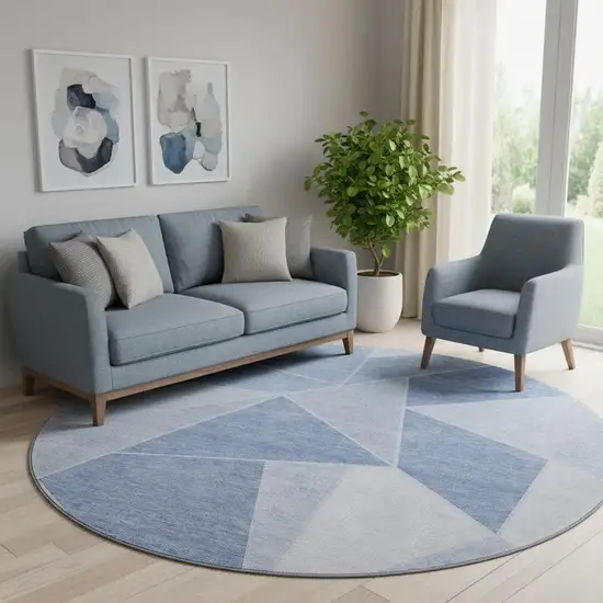 8' Sky Blue And Ivory Geometric Washable Round Rug With UV Protection Photo 1
