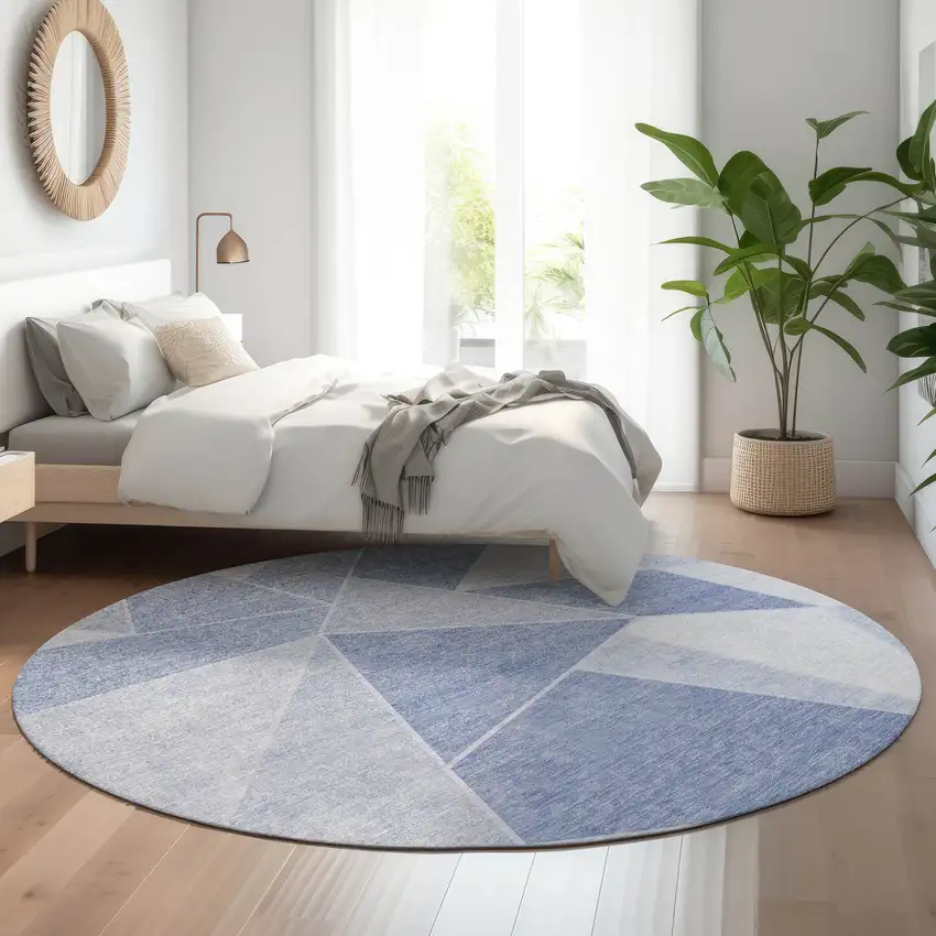 8' Sky Blue And Ivory Geometric Washable Round Rug With UV Protection Photo 5