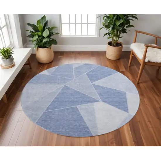 8' Sky Blue And Ivory Geometric Washable Round Rug With UV Protection Photo 2