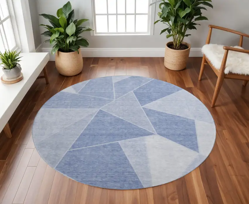8' Sky Blue And Ivory Geometric Washable Round Rug With UV Protection Photo 2