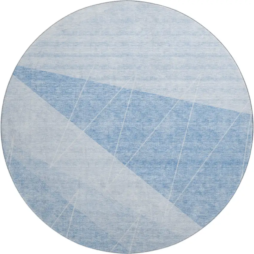 8' Sky Blue And Ivory Geometric Washable Round Rug With UV Protection Photo 1
