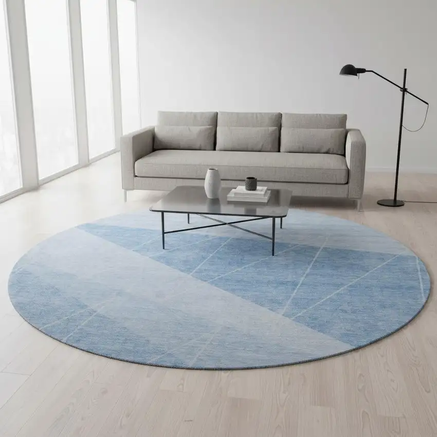 8' Sky Blue And Ivory Geometric Washable Round Rug With UV Protection Photo 2