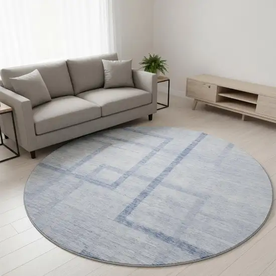 8' Sky Blue And Ivory Geometric Washable Round Rug With UV Protection Photo 2