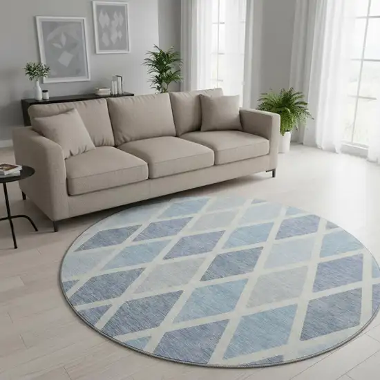 8' Sky Blue And Ivory Geometric Washable Round Rug With UV Protection Photo 2