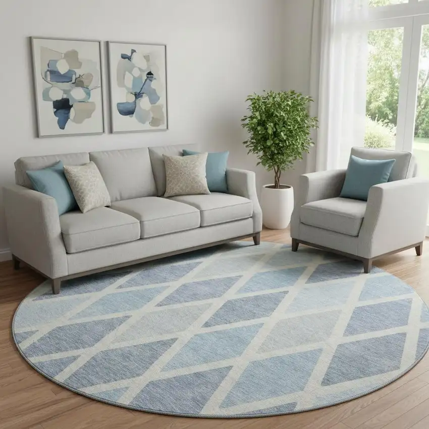 8' Sky Blue And Ivory Geometric Washable Round Rug With UV Protection Photo 1