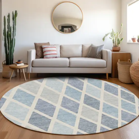 8' Sky Blue And Ivory Geometric Washable Round Rug With UV Protection Photo 5