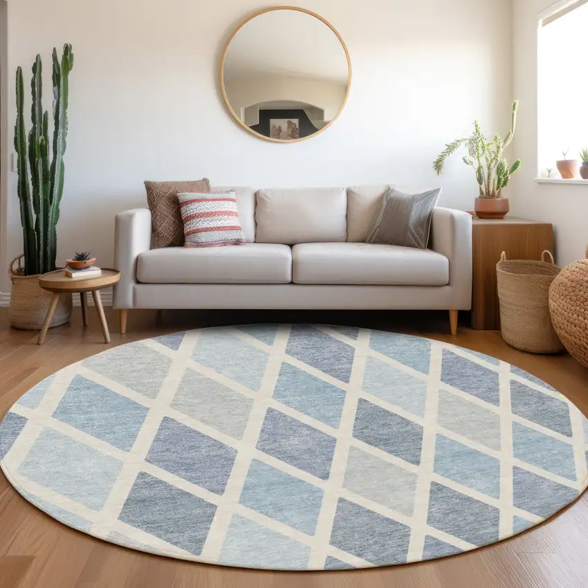 8' Sky Blue And Ivory Geometric Washable Round Rug With UV Protection Photo 5