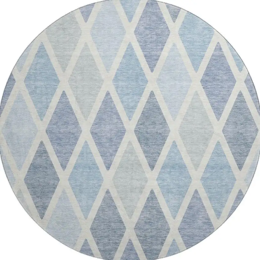 8' Sky Blue And Ivory Geometric Washable Round Rug With UV Protection Photo 4