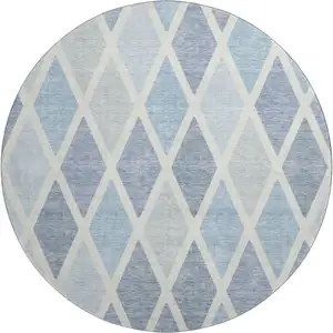 Photo of 8' Sky Blue And Ivory Geometric Washable Round Rug With UV Protection