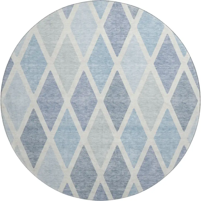 8' Sky Blue And Ivory Geometric Washable Round Rug With UV Protection Photo 1