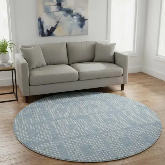 8' Sky Blue And Ivory Geometric Washable Round Rug With UV Protection Photo 2