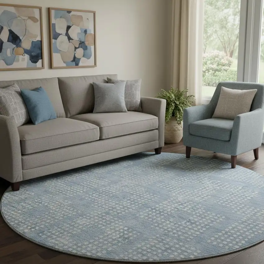 8' Sky Blue And Ivory Geometric Washable Round Rug With UV Protection Photo 1