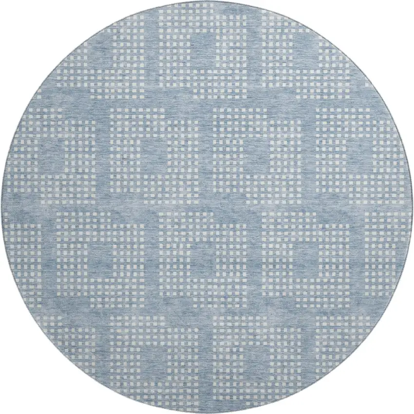 8' Sky Blue And Ivory Geometric Washable Round Rug With UV Protection Photo 1