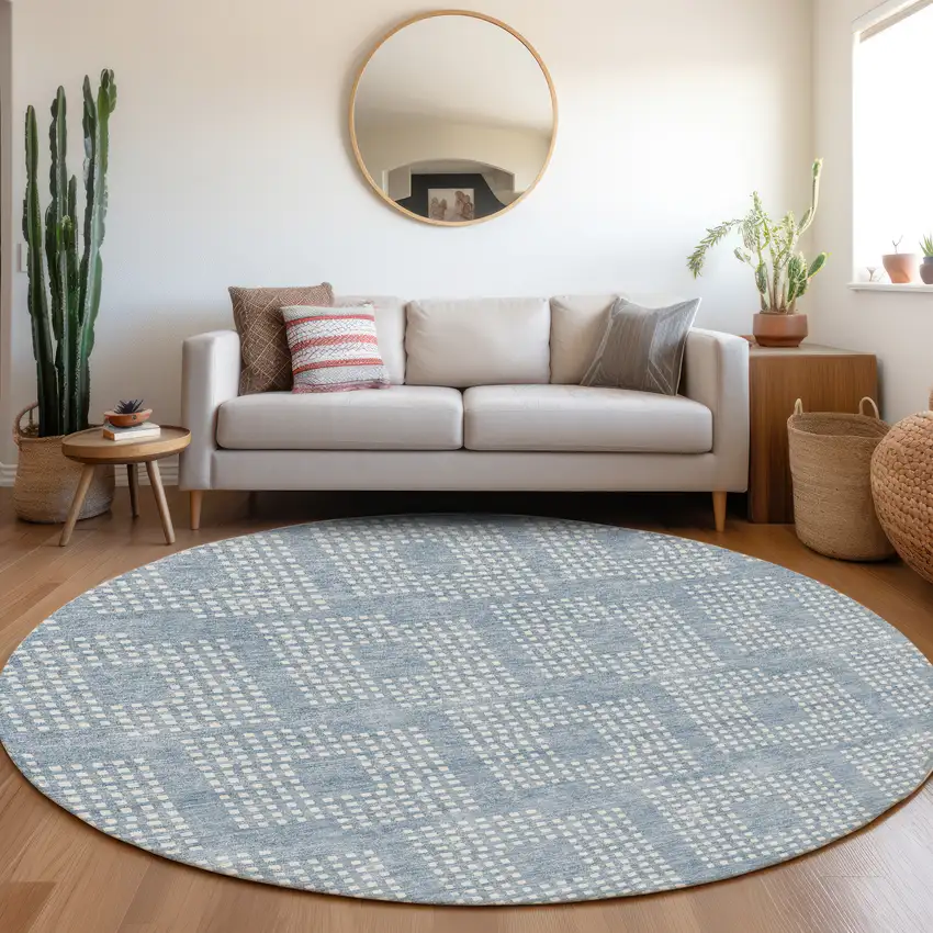 8' Sky Blue And Ivory Geometric Washable Round Rug With UV Protection Photo 5
