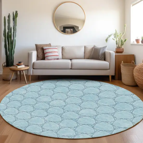 8' Sky Blue And Ivory Geometric Washable Round Rug With UV Protection Photo 4