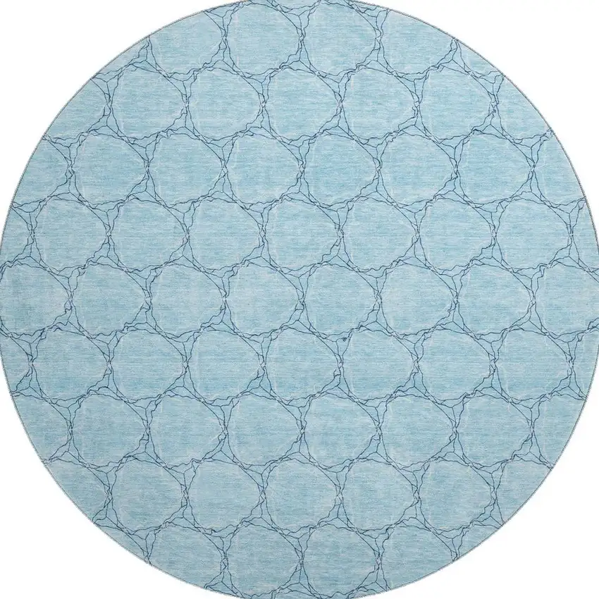 8' Sky Blue And Ivory Geometric Washable Round Rug With UV Protection Photo 3