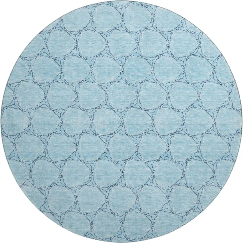 8' Sky Blue And Ivory Geometric Washable Round Rug With UV Protection Photo 1