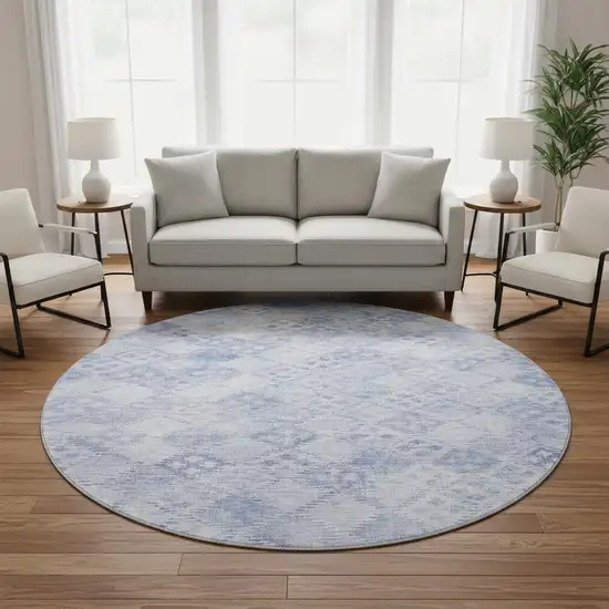 8' Sky Blue And Ivory Geometric Washable Round Rug With UV Protection Photo 2
