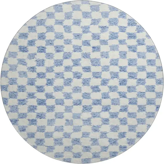 8' Sky Blue And Ivory Geometric Washable Round Rug With UV Protection Photo 1